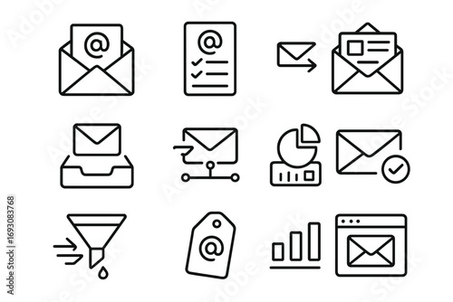 Email Marketing Icons. Line style icons of email marketing: open envelope, email list, newsletter icon, inbox tray; mail