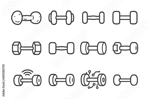 Dumbbells Through Time. Line style icons of dumbbells through time: ancient stone dumbbell, classic iron dumbbell, vintage wooden
