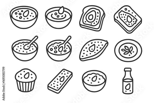 Seed-Based Meal Icons. Line style icons of seed-based meal additions: seed on smoothie bowl, seed on soup, seed on avocado toast,