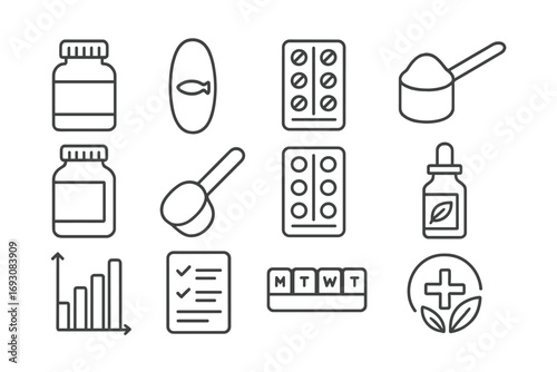 Dietary Supplement Icons. Line style icons of dietary supplements: vitamin bottle, omega capsule, multivitamin pack, protein