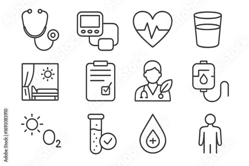 Healthcare Icon Set. Line style icons of clinical health: stethoscope, blood pressure monitor, heart with ECG, water in hospital