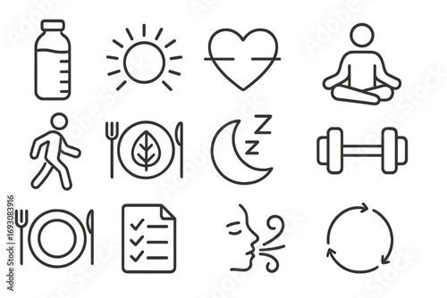 Line Style Habit Icons. Line style icons of healthy habits: water intake tracker, daily sun exposure, balanced heart, meditation