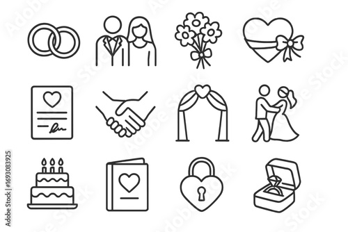 Wedding Symbols Icons. Line style icons of marriage symbols: wedding rings, bride and groom, wedding bouquet, heart with ribbon;