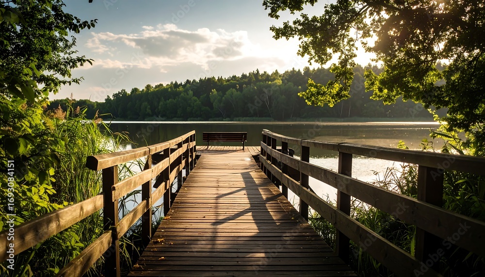 Naklejka premium Lakeside Wooden Pier Sunset