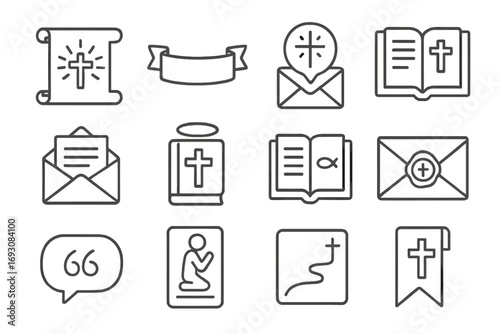 Easter Message Icons. Line style icons of Easter messages: scroll with light, empty banner, message icon, scripture page; folded
