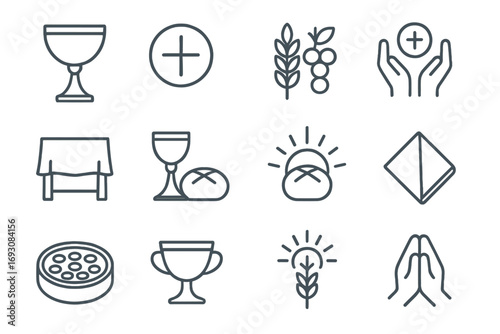 Eucharist Symbols Icons. Line style icons of Eucharist symbols: chalice, host with cross, wheat and grapes, communion hands; altar