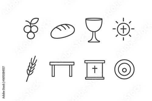 Line Art Communion. Line style icons of communion simplicity: single grape, plain loaf, minimal chalice, small host; wheat line,
