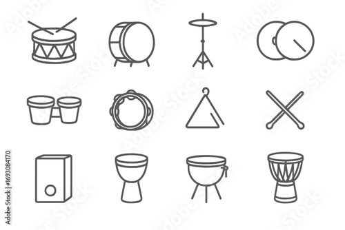 Percussion Icons Collection. Line style icons of rhythm and percussion: snare drum, bass drum, hi-hat, cymbals; bongo, tambourine,