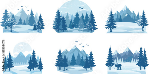 Winter mountain forest illustration set with snow covered trees, pine woods, wildlife silhouettes, frosty landscape, seasonal nature background design