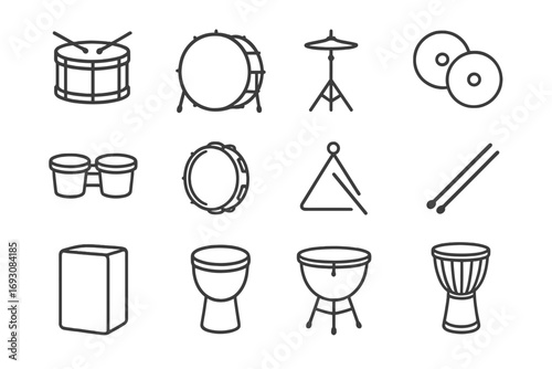 Percussion Icons Collection. Line style icons of rhythm and percussion: snare drum, bass drum, hi-hat, cymbals; bongo, tambourine,