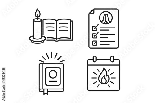 Guided Devotion Icons. Line style icons of guided devotion: candle with book, checklist of prayer steps, journal with rays,