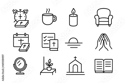 Devotional Icons in Line Art. Line style icons of devotion time: alarm with bible, coffee and journal, lighted candle, soft chair;