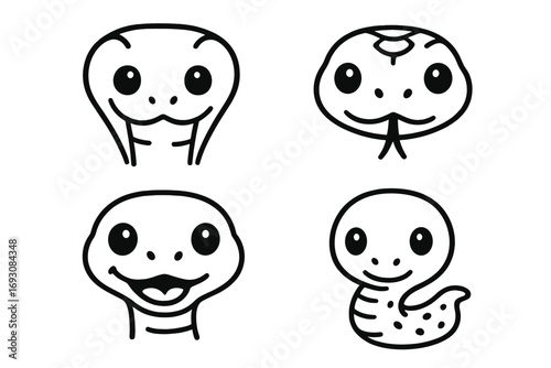 Cute Snake Icons. Line style icons of baby snake faces: small cobra face, round boa head, short tongue python, chubby viper;