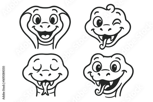 Cartoon Snake Faces. Line style icons of cartoon snake faces: smiling cobra, playful python, sleepy boa, goofy viper; big eyes,