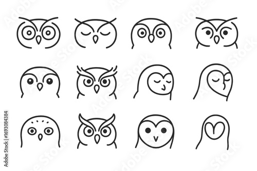 Owl Expression Icons. Line style icons of owl expressions: wide-eyed owl, blinking owl, surprised owl, staring owl; owl with small