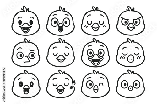 Cartoon Bird Expressions. Line style icons of cartoon bird expressions: happy bird face, surprised bird, sleepy bird, angry bird;