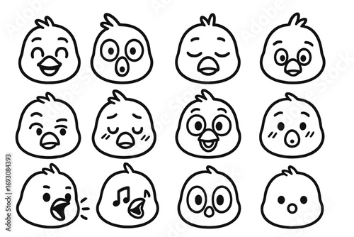 Cartoon Bird Expressions. Line style icons of cartoon bird expressions: happy bird face, surprised bird, sleepy bird, angry bird;