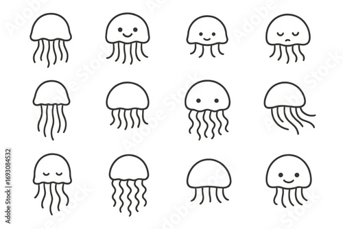 Line Style Jellyfish Icons. Line style icons of jellyfish designs: floating jellyfish, jellyfish with happy face, baby jellyfish,