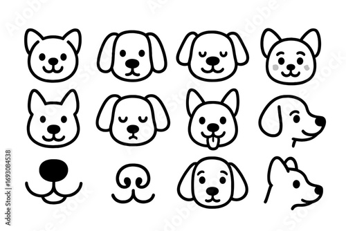 Cute Dog Icons. Line style icons of cute dog faces: smiling puppy, floppy ears dog, round-nose dog, blushing dog; pointy ears dog,