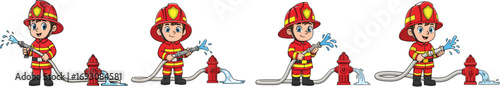 Cute cartoon firefighter boy holding water hose, spraying water from hydrant, rescue hero character illustration, safety mascot design, emergency service vector art