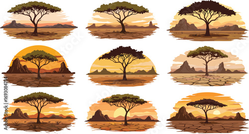 African savanna landscape illustration with acacia trees, desert sunset, cracked earth, dry wilderness, safari adventure, nature background