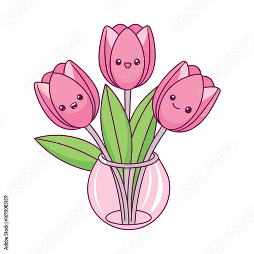 Soft pink tulip trio artfully arranged in a clear glass vase on a clean white background