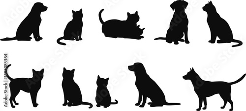 dog and cat silhouette, pet vector illustration, domestic animal outline, black cat design, sitting dog, walking cat artwork