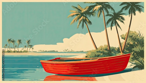 Tropical beach scene with red boat