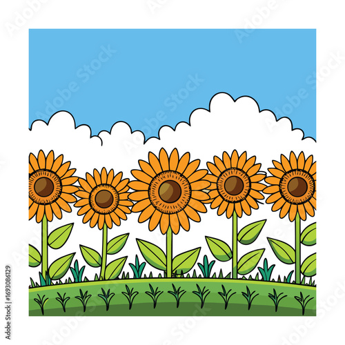 Vibrant sunflower field under a bright blue sky with lush green grass