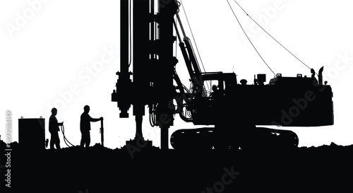 Silhouette of construction drilling rig, workers operating heavy machinery, foundation drilling site, industrial equipment, civil engineering, building construction process