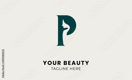 Minimal logo woman beauty with letter P. Feminine, body treatment and modern concept.