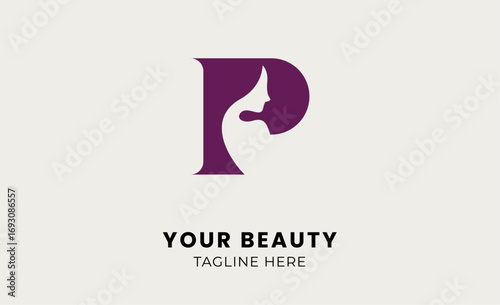 Minimalist logo woman beauty with letter P. Feminine, body treatment and modern concept.