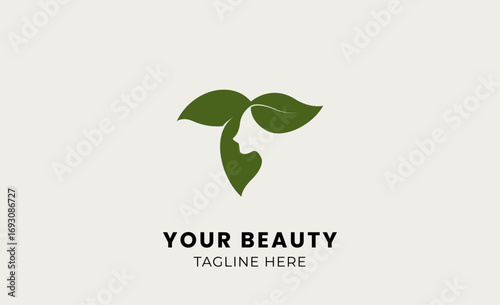 Leaf logo woman beauty with letter T. Feminine, body treatment and modern logo.