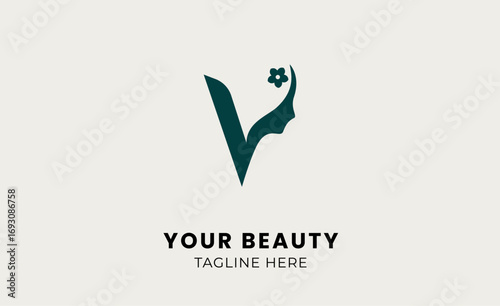 Minimal logo woman beauty with letter V. Feminine, body treatment and modern concept.