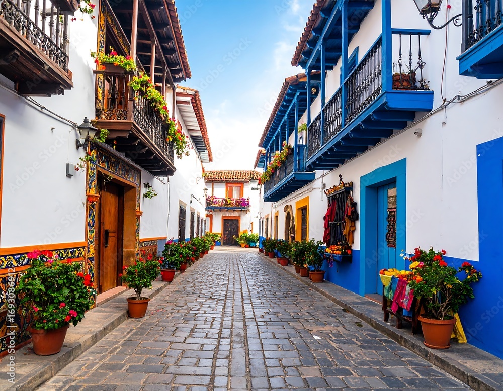 Fototapeta premium Colorful street scene in a historic town (1)