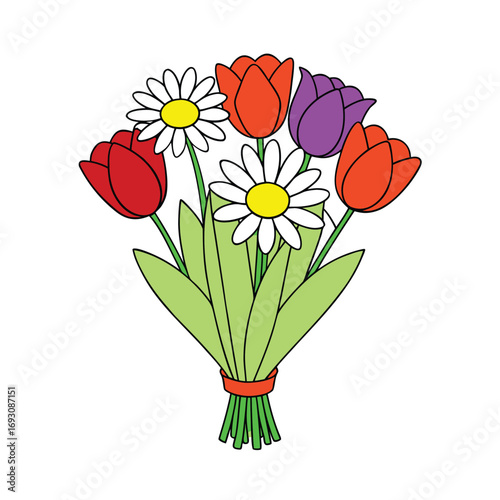 A vibrant floral arrangement featuring tulips and daisies on a clean white background