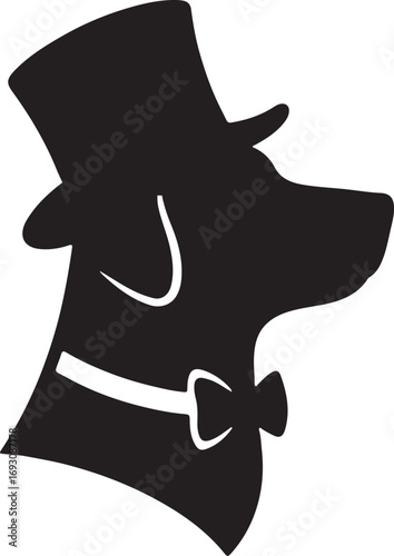 Dog with top hat silhouette icon, dog with top hat silhouette vector,  dog wearing top hat and bow tie vector