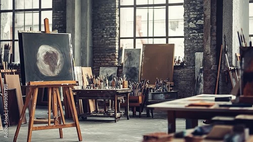 Artist Creating Abstract Painting in Bright Studio with Large Windows and Artistic Supplies