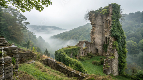 Misty valley ancient castle ruins evokes mystery and history enchanting landscape