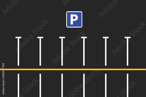 Parking area with vacant spots for vehicles. Asphalt ground with parking symbol, top view.