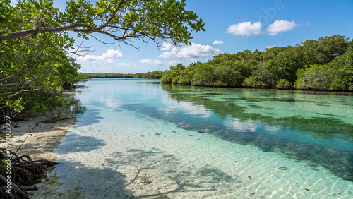 Serene tropical lagoon with crystal clear turquoise waters and lush greenery