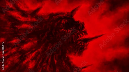 In the mouth of darkness 2D animation. Horror fantasy genre. Angry man turns into a scary werewolf. Spikes emerge from the skull. Motion graphics for VJ loops and music clips. 4K grunge video.