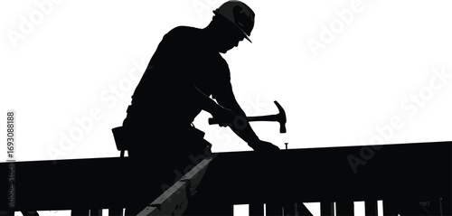 Silhouette of construction worker using hammer on steel beam, roof work, industrial job site, manual labor, safety gear, precision work