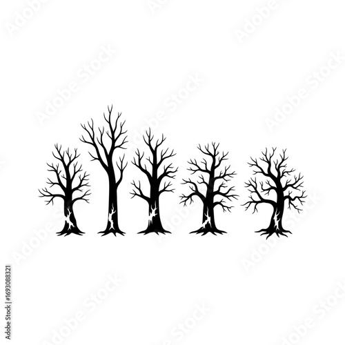Vector art of silhouette of a row of bare trees, creating a stark and eerie scene, perfect for halloween or autumn themes, vector