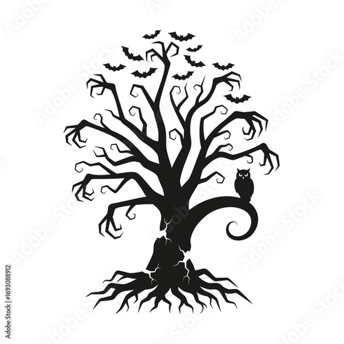 Vector art of eerie halloween tree with bats and owl, a haunting silhouette for your spooky designs and festive projects