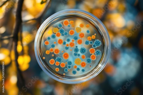Petri dish containing orange and blue bacterial or fungal colonies, against a blurred autumnal background.
