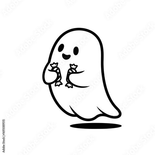 Vector art of adorable ghost holding two candies halloween character with sweet treats for greeting card or invitation