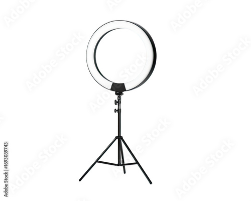 Circular LED ring light mounted on a tripod