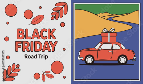 Excited for Black Friday road trip with gift on car roof, surrounded by autumn leaves