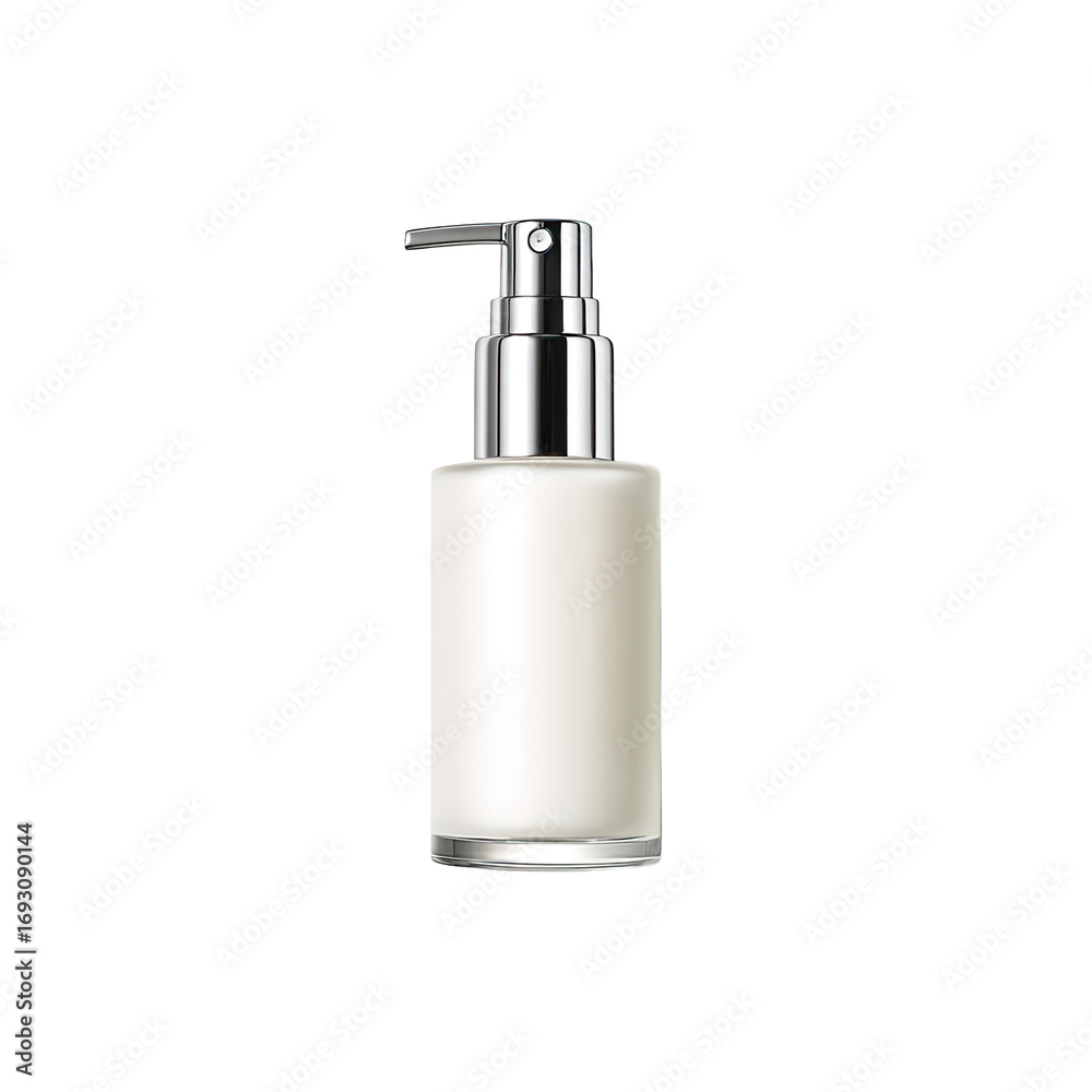 Obraz premium A vertical, rectangular, clear glass bottle, filled with a white, opaque cream. A chrome-colored pump dispenser is affixed to the top